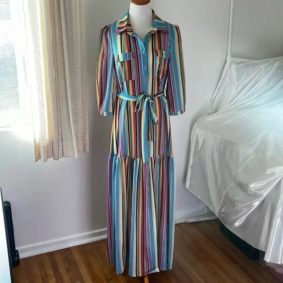 chinese dress ladies White and Dusty Blue Striped Sleeveless Maxi Dress
